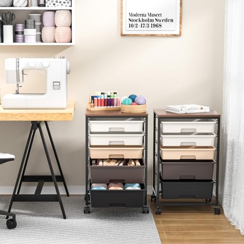 SYKIARIOL Utility Cart with 5 Drawers,Storage Drawer Cart with Wooden Tabletop and Lockable Wheels,Craft Storage Trolley Cart,5-Tier Rolling Utility Cart on Wheels,Dark Brown - color: Dark Brown