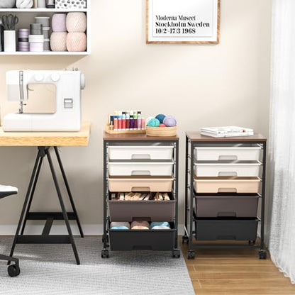 SYKIARIOL Utility Cart with 5 Drawers,Storage Drawer Cart with Wooden Tabletop and Lockable Wheels,Craft Storage Trolley Cart,5-Tier Rolling Utility Cart on Wheels,Dark Brown - color: Dark Brown