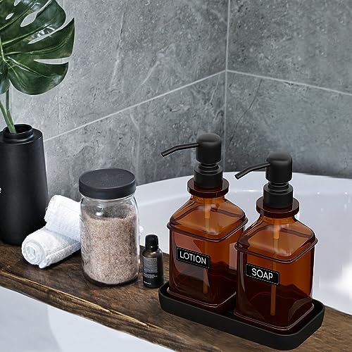 LMQML Soap Dispenser - 2 Pack, Antique Design Thick Amber Glass Hand Soap Dispensers with Sturdy Tray; 304 Rust Proof Stainless Steel Black Pump, 12Pcs Stickers, for Kitchen, Bathroom- Black - color: Brushed-black