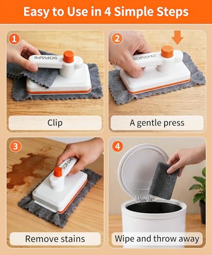 Sopami Handheld Snap Grip Mini Mop Use Any Cloth - Convenient Cloth Changing Mini Mop for Home Use with Easy Tap Handle（Includes 10 Washable Pads