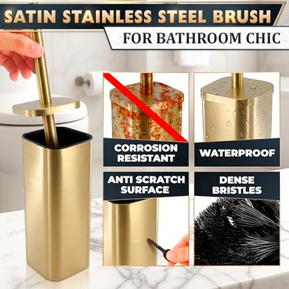 Gold Toilet Brush with Square Holder - Toilet Brush and Holder Set Gold, Stainless Steel Handle with Splash Shield, Replaceable Head and Removable Inner Cup - Freestanding Bathroom Toilet Cleaning Set - color: Gold Rounded Square