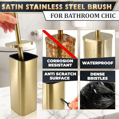 Gold Toilet Brush with Square Holder - Toilet Brush and Holder Set Gold, Stainless Steel Handle with Splash Shield, Replaceable Head and Removable Inner Cup - Freestanding Bathroom Toilet Cleaning Set - color: Gold Rounded Square