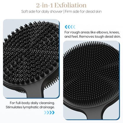 Back Scrubber for Shower & Face Scrubber, 2Pcs Silicone Exfoliating Brush Set with 17In Long Handle, Soft Body & Facial Cleansing Scrubber for Men Women - color: Back Scrubber