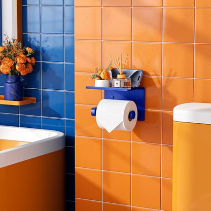 Tindbea Toilet Paper Holder with Shelf Adhesive or Screw Wall Mounted Toilet Paper Roll Dispenser Storage, Stainless Steel Bathroom Shelf Holder Accessories (Klein Blue) - color: H-klein Blue