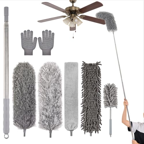 Microfiber Feather Duster Kit with Extension Pole, 7 PCS Washable Reusable Duster for Cleaning, 100'' Bendable Extendable Long Duster with Stainless Steel Pole for High Ceilings, Fans, Furniture & Car - size: 7PCS: Gap Brush & Chenille Duster & Gloves Set