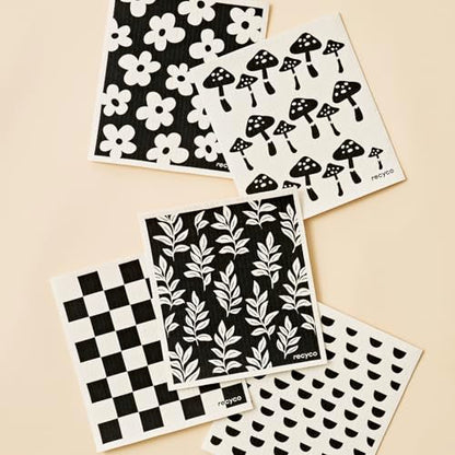 RECYCO Swedish Dishcloths for Kitchen | 5 Pack Mystic Meadows Washable Dish Rags | Cellulose Reusable Cleaning Paper Towels | Absorbent Counter Dish Cloth Sponge Kitchen Wipes, 8" L x 7" W - color: Black & White Mystic Meadows-5 Pack