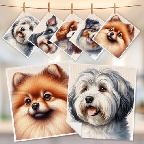 5 Pcs Cute Doggy Swedish Dishcloths, Cavalier King Charles Spaniel & Pomeranian Swedish Dishcloth, Shih Tzu Dish Cloths for Drying Dishes, Reusable Cleaning Cloths, Dog Lover Gifts for Women - color: Lm 03431