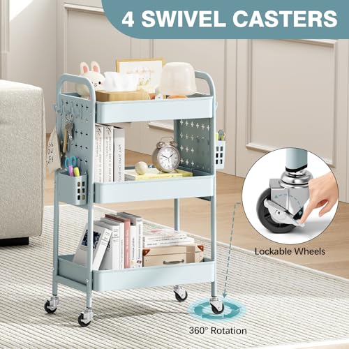 KINGRACK 3 Tier Rolling Cart with DIY Hanging Board, Metal Rolling Utility Cart with Wheels Handles Baskets Hooks, Rolling Storage Cart Suitable for Bathroom, Kitchen, Office, Nursery Diaper (Green) - color: Light Green