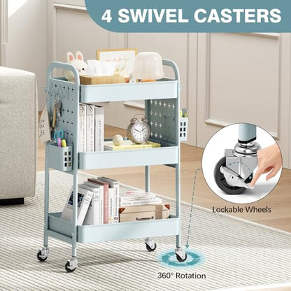 KINGRACK 3 Tier Rolling Cart with DIY Hanging Board, Metal Rolling Utility Cart with Wheels Handles Baskets Hooks, Rolling Storage Cart Suitable for Bathroom, Kitchen, Office, Nursery Diaper (Green) - color: Light Green