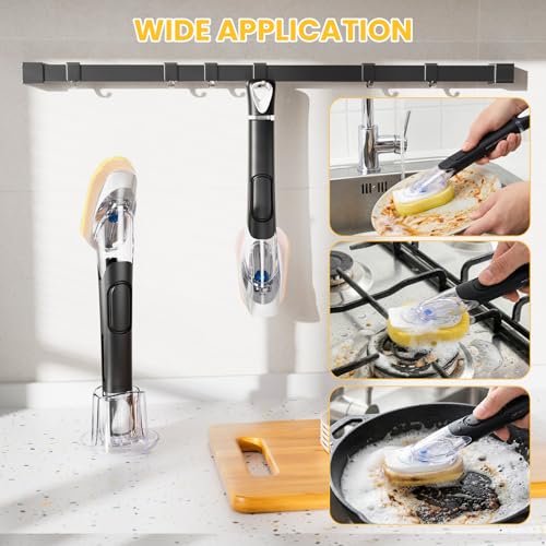 Soap Dispensing Replacement Dish Brush Storage Set with 10 PCS Sponge Refills & Holder - RIMAY Dispenser Scrub Cleaning Scrubber Kitchen Dishwashing Dish Wand Handle for Dishes/Pans/Pots/Sink(Yellow) - color: Yellow