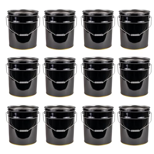 ATERET 5 Gallon Black Metal Bucket, Heavy Duty Durable Steel Open Head Pail with Handle for Outdoor and Household Use (12 Pack - Bucket Only) - size: 12pk - 5 Gal