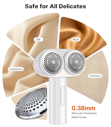 TORRAS Dual-Head Fabric Shaver, Longest Durability & 50ml Large Capacity Rechargeable Lint Removers to Remove Pills, 6-Leaf Blades Defuzzer, Electric Shaver for Clothes Couch Furniture, Pearl White - color: White