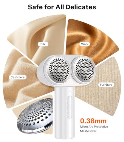TORRAS Dual-Head Fabric Shaver, Longest Durability & 50ml Large Capacity Rechargeable Lint Removers to Remove Pills, 6-Leaf Blades Defuzzer, Electric Shaver for Clothes Couch Furniture, Pearl White - color: White