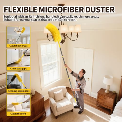 High Ceiling Fan Cleaner Duster for Fans Blades Cleaner with 78.7in Extension Pole Extra Long Handle Cleaning Tool，Reusable Chenille & Microfiber Mop Head for Baseboard Wall Floor Window Glass Wiper