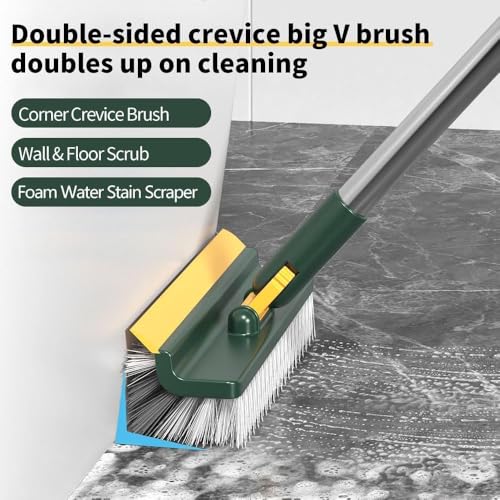 Floor Scrub Brush with Long Handle,3 in 1 Multifunction Scrape Cleaning Brush,Rotating Stiff Bristle Floor Brush for Cleaning Wall Corner Patio Bathroom Garage Kitchen Wall Deck Tub Tile (White)