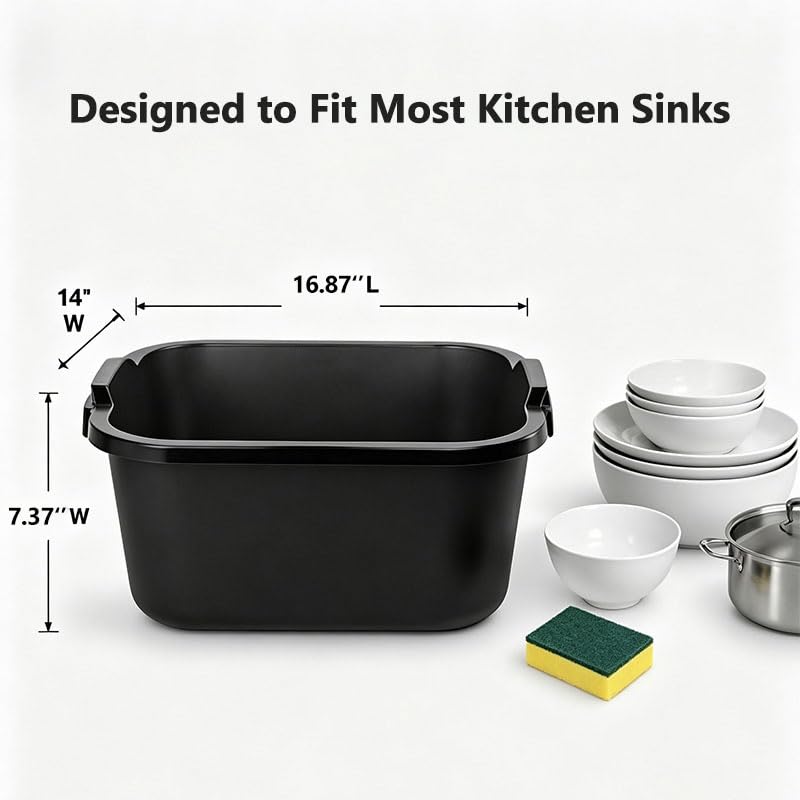 Wash Basin and Dish Pans for Kitchen Sink, 18 Qt Plastic Laundry Tub for Home Cleaning, Portable Water Bucket for Camping, Gardening and Dishwashing, Black, 2 Pack