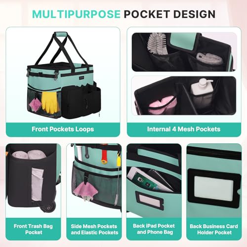 JKAOO Large Rolling Cleaning Caddy Bag with Detachable Trolley, Blue-Green | Waterproof Cleaning Caddy with Wheels, 40L Wheeled Organizer Cart for Supplies, Housekeepers, Home, Office, Car, Picnic - color: Blue Green