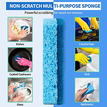 Non-Scratch Cellulose Scrub Sponges 12 Pack, Sponges Kitchen with Double-Side & Ergonomic Design for Dishes, Coated Cookware, Sink & Countertops. - color: Blue, size: 12 Pack
