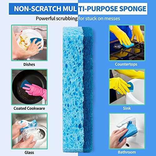 Non-Scratch Cellulose Scrub Sponges 12 Pack, Sponges Kitchen with Double-Side & Ergonomic Design for Dishes, Coated Cookware, Sink & Countertops. - color: Blue, size: 12 Pack