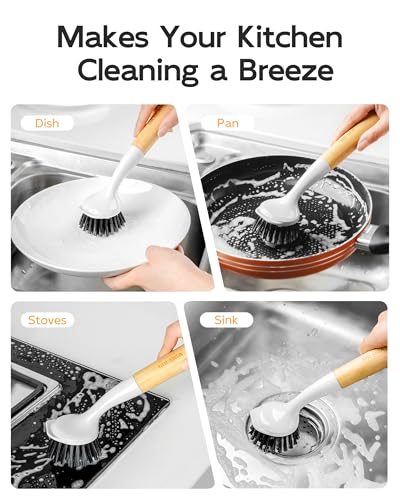 MR.SIGA Dish Brush with Handle, Dish Scrub Brush with Built-in Scraper, Bamboo Dish Brush for Pots and Pans, Kitchen Sink, 2 Pack