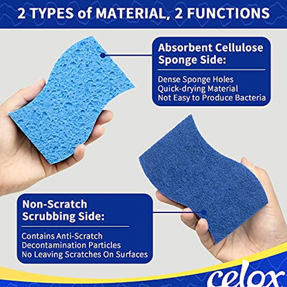 CELOX 12 Pack Dual Sided Non-Scratch Dish Sponge and 2 Set Compact Toilet Brush with Breathable Ventilation Stand Base