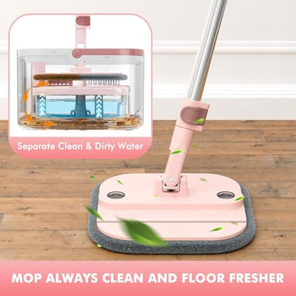 Spin Mop and Bucket System Kit, Self-Separating Cleaning Soil, Foldable Square Mop Bucket Head with Washable Interchangeable Mop Pads, Pink (Mop Set with 6PC Pads) - size: 2.0 Mop and Bucket Set (6 pads)