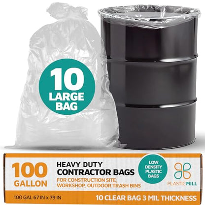PlasticMill Contractor Bags Heavy Duty - Commercial, Industrial Garbage Bags - Clear Construction Trash Bags - Outdoor, Garden Trash Bags, 100-Gallon, 3 Mil, 67"x79" (10-Count) - color: Clear