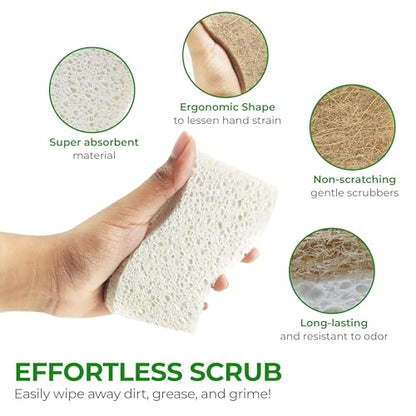 AIRNEX Natural Kitchen Sponges (12 Pack) - Biodegradable Cellulose & Coconut Scrubber Dish Sponges for Kitchen - Eco-Friendly, Non Scratch, Compostable, Non Toxic S-Shaped Natural Sponges for Dishes - size: 12