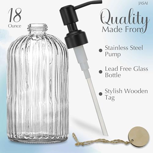 JASAI 18Oz Simple Glass Soap Dispenser with Black Rust Proof Pump,Refillable Kitchen soap Dispenser with Vertical Stripe, Bathroom Soap Dispenser for Dispense Hand soap, Dish Soap, Lotion. - color: Clear-black Pump, size: 1 Pack