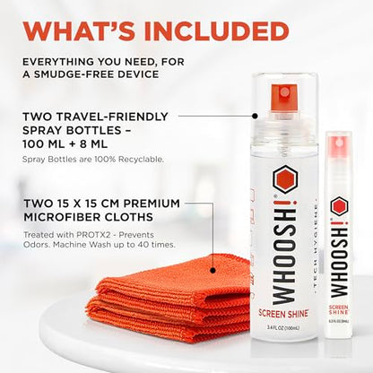 WHOOSH! Screen Shine Duo - Screen Cleaner Spray for iPad, Monitor, Laptop, MacBook - 3.4 oz & 0.3 oz Bottles with 2 Microfiber Cloths - Portable Electronic Cleaning Kit for Travel, Office, and Home - size: 3.7 Fl Oz (Pack of 1)