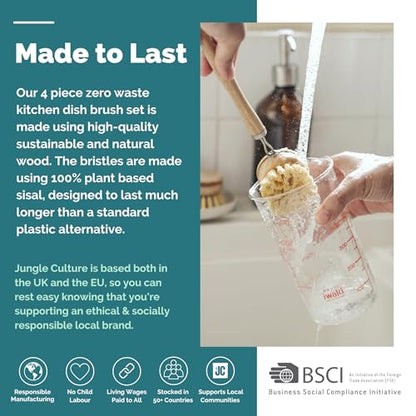 Jungle Culture 4 Piece Bamboo Dish Brush Set for Washing Up • Long Lasting Wooden Dish Brush with 3 Replacement Heads & Loofah Sponge Scourer • Eco Friendly Wooden Scrub Brush for Pots, Pans & Dishes