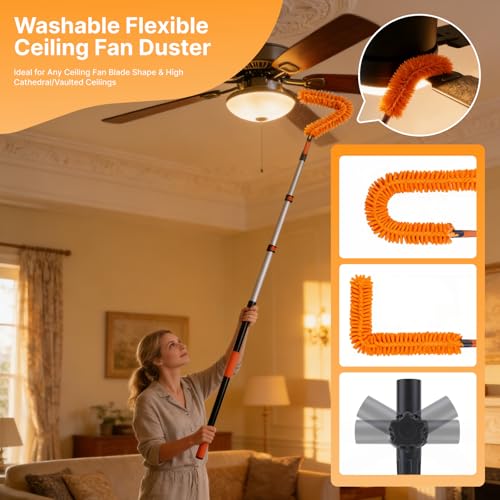 20ft High Ceiling Duster Kit with 4-12ft Heavy-Duty Extension Pole, Ceiling Fan Duster, Cobweb Duster, Microfiber Duster, Window Squeegee & Cleaner, Wall Duster for Home Long Reach Cleaning