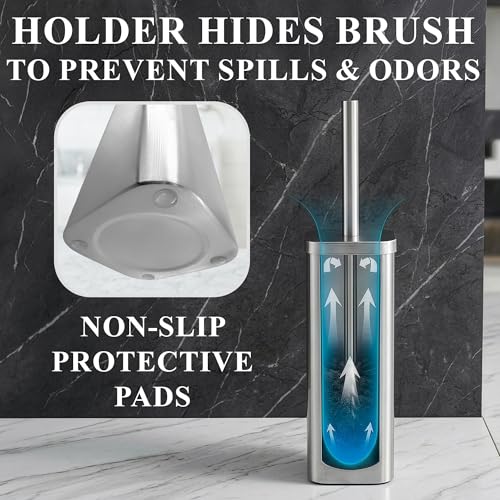 Toilet Brush with Square Holder - Toilet Brush and Holder Set Silver, Stainless Steel Handle with Splash Shield, Replaceable Head and Removable Inner Cup - Freestanding Bathroom Toilet Cleaning Set - color: Silver Rounded Square
