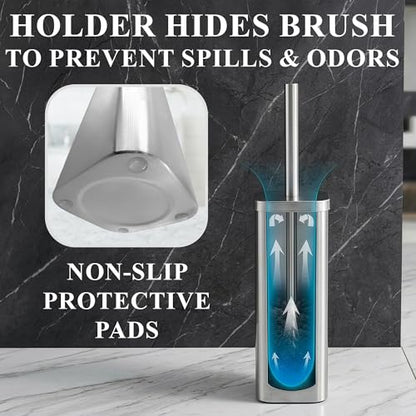 Toilet Brush with Square Holder - Toilet Brush and Holder Set Silver, Stainless Steel Handle with Splash Shield, Replaceable Head and Removable Inner Cup - Freestanding Bathroom Toilet Cleaning Set - color: Silver Rounded Square