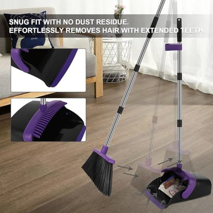 Broom and Dustpan Set, Large Household Dustpans and Broom with 55 Inch Long Handle, Pueple Broom with Dustpan Combo Set for Home - color: Purple, size: Large