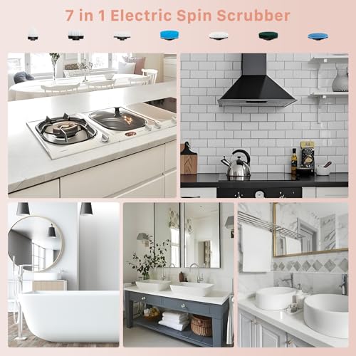 Electric Spin Scrubber, Hillyfe Bathroom Scrubber Electric with 7 Replaceable Brush Heads, IPX7 Waterproof,300/400 RPM, 3 Adjustable Length,Scrubber Brush Electric for Bathtub Floor,Pink - color: Pink