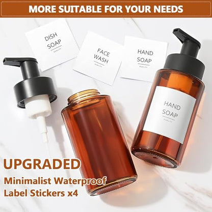 RYTOXILO Amber Foam Soap Dispenser, 10 oz/300ml Glass Foaming Soap Dispenser, 2 Pcs Foaming Hand Dispenser for Bathroom & Kitchen, Refillable Bottle with Waterproof Labels - color: Amber Bottle, size: 10 Fl oz