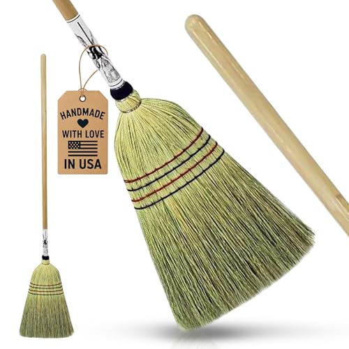 Handmade Amish Corn Broom with Wooden Handle – 57" Heavy Duty Broom for Courtyard, Lobby & Market, 100% Corn Fill Straw Broo'm, 4 Sews Indoor & Outdoor Bristle for Sweeping - Yellow - color: Yellow