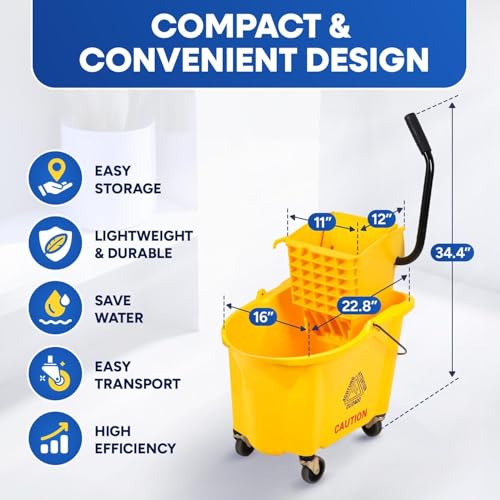 Plexon Commercial Mop Bucket with Wringer on Wheels - 26 Quart, Yellow - Heavy Duty Industrial Mop Bucket and Wringer, Side-Press Bucket with Wringer Set for Home Office Restaurant Business