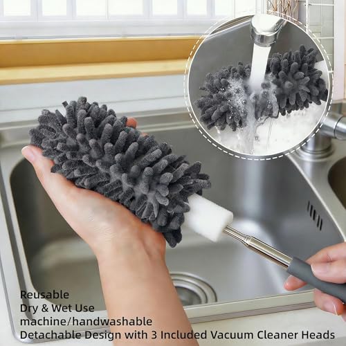 Microfiber Duster for Cleaning, GMLKRY Hand Washable Dusters with 3pcs Replaceable Microfiber Head, Extendable Pole, Detachable Cleaning Supplies for Office, Car, Window, Furniture (Gray) - color: Gray