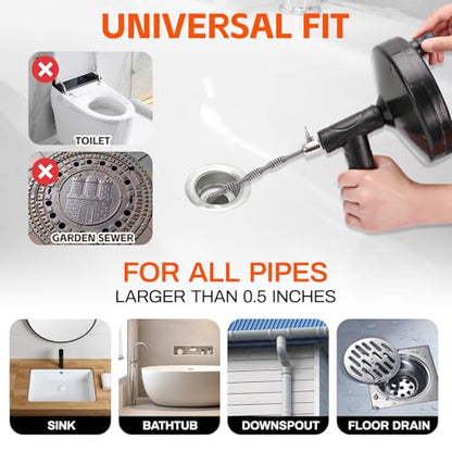 Drain Snake 25 Ft, Drain Auger Hair Clog Remover Heavy Duty Flexible Plumbing Snake Bathroom Kitchen Sink Cleaner Tools for Shower Bathtub Pipe