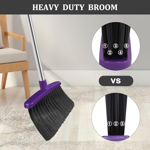 Broom and Dustpan Set, 51" Long Handle Broom with Dustpan Combo Set, Windproof and Self-Cleaning Teeth, Purple Household Dust Pan Set Sweep Kitchen Office Lobby Pet Room - color: Purple