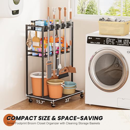 Broom Holder with Cleaning Supplies Organizer, Broom Closet Storage Cabinet with Mop Hanger Gripper Rack Hooks, Cleaning Housekeeping Janitorial Cart with Cleaning Caddy, Laundry Room Organization - size: Regular