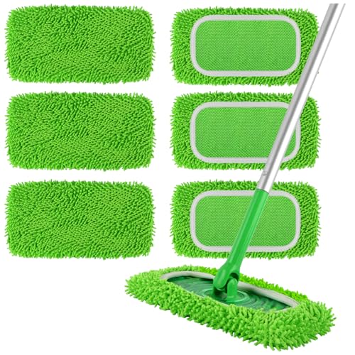 6Pcs Reusable Microfiber Mop Pads Compatible with Swiffer Sweeper, Wet and Dry Flat mop Cover, Replacement Sweeping Mopping pad Refills for Surface/Hardwood Floor Cleaning - color: Green 6 Pack
