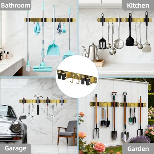 Broom Holder Wall Mount, 2-Pack Stainless Steel Mop and Broom Organizer, Broom Hanger with 2 Slots 2 Hooks for Home Kitchen, Garage, Garden and Laundry Room, Gold - color: Gold-2 Pack