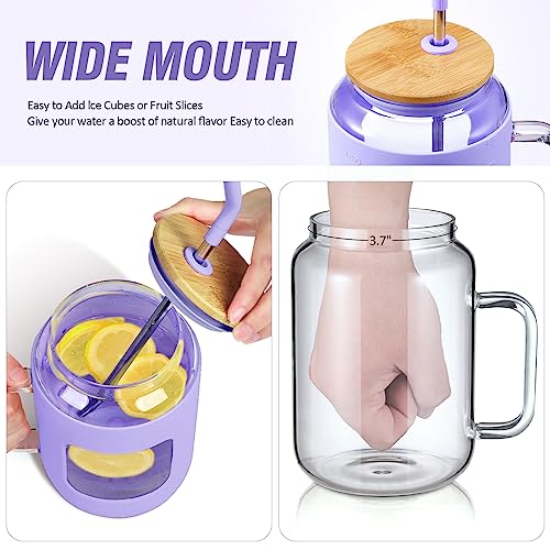 WINSA 50 oz Glass Water Bottles with Silicone Sleeve,Glass Tumbler with Lid and Straw,Iced Coffee Cup with Handle,BPA Free-Purple - color: Purple