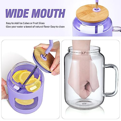 WINSA 50 oz Glass Water Bottles with Silicone Sleeve,Glass Tumbler with Lid and Straw,Iced Coffee Cup with Handle,BPA Free-Purple - color: Purple