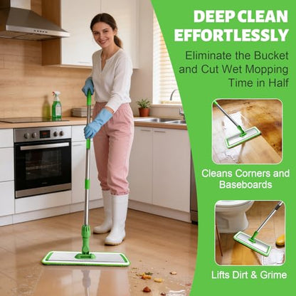 17.7" Microfiber Mop for Floor Cleaning, 59in Long Adjustable Stainless Steel Handle, 360° Rotating Large Flat Mops, 4 Washable Pads for Dry & Wet Cleaning for Hardwood, Vinyl, Laminate, Green