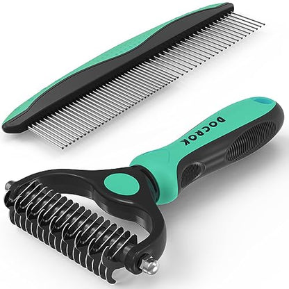 Docrok Pet Grooming Brush and Metal Comb Combo, Cat Brush Dog Brush for Shedding, Undercoat Rake for Dogs Grooming, Dematting Deshedding Brush Dogs Shedding Tool for Long matted Haired Pets, Green - color: Green