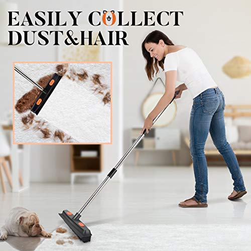 Conliwell Rubber Broom Carpet Rake for Pet Hair, Fur Remover Broom with Squeegee, Portable Detailing Lint Remover Brush (Stainless 4 Steel Handle) - color: Orange